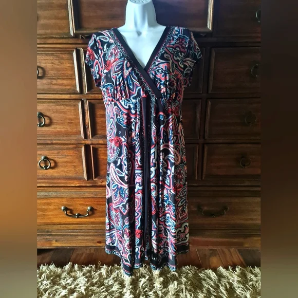 INC Wrap V Neck Cap Sleeve Embellished Paisley Print Knee Length Stretch Size L - Picture 1 of 7